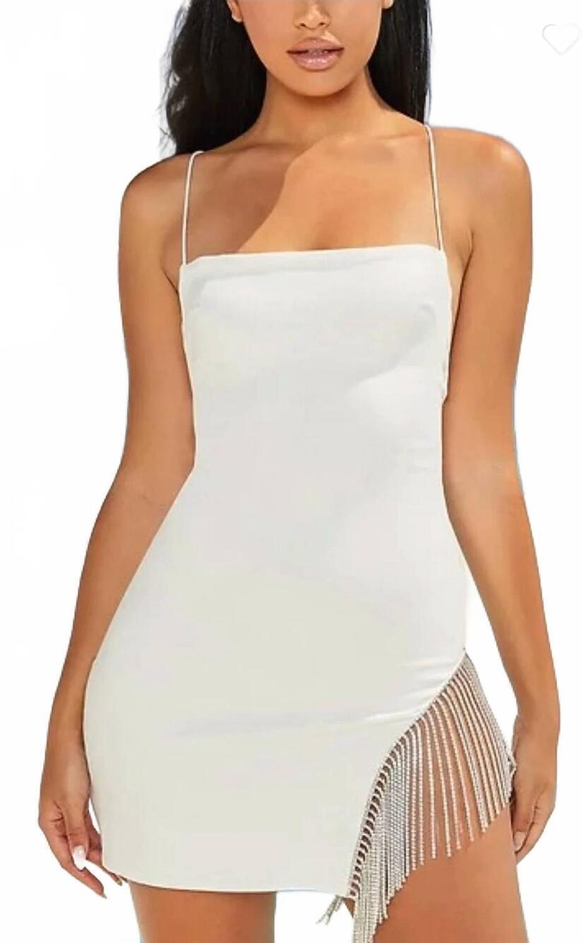 NEW MELODY tassle side spaghetti strap mini dress in white